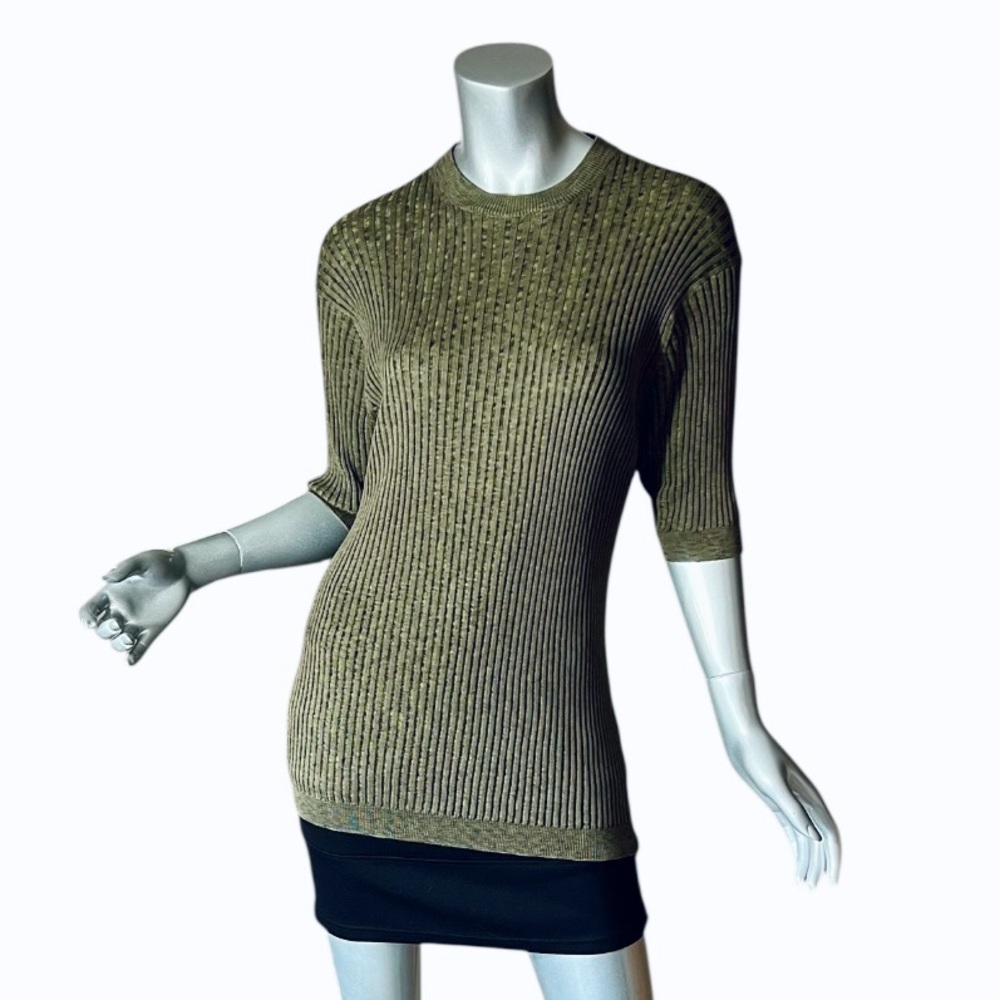 Baracuta 100% Silk Sweater Top Olive Green Ribbed Soft & Stretchy Size LARGE